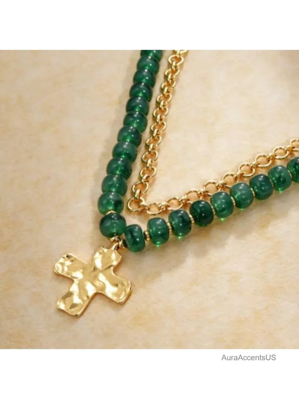 Chunky Beaded Cross Pendant Layered Necklace Acrylic Lobster Clasp